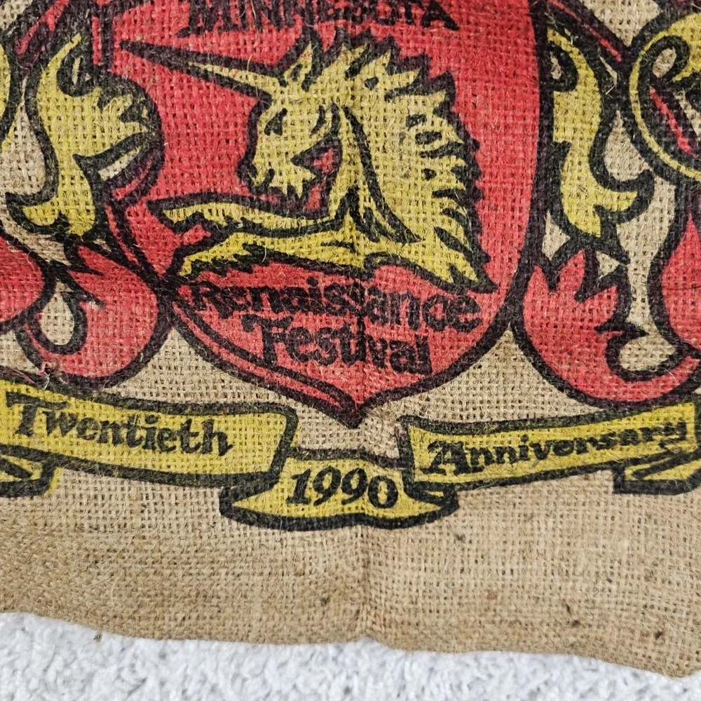 Vtg MN Renaissance Festival 20th Anniversary 1990 Burlap Sack‎ Bag Tote Emblem